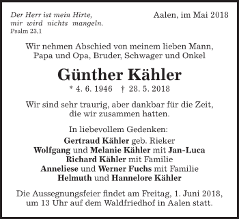Traueranzeige von Günther Kähler von Schwäbische Post