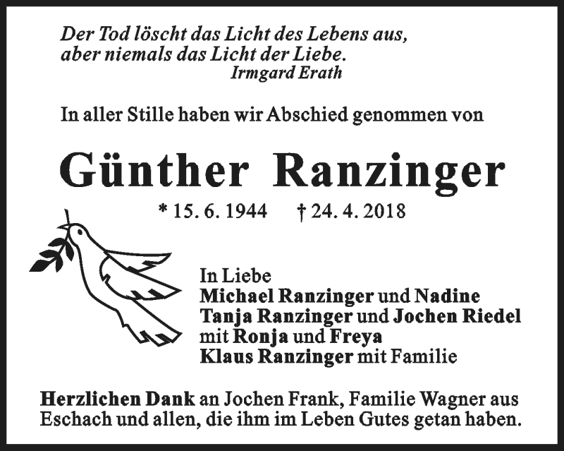  Traueranzeige für Günther Ranzinger vom 02.05.2018 aus Gmünder Tagespost