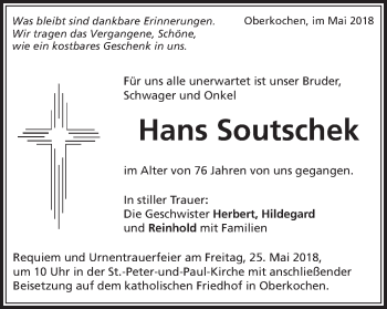 Traueranzeige von Hans Soutschek von Amtsblatt_Oko