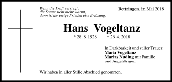 Traueranzeige von Hans Vogeltanz von Gmünder Tagespost