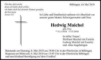 Traueranzeige von Hedwig Maichel von Gmünder Tagespost