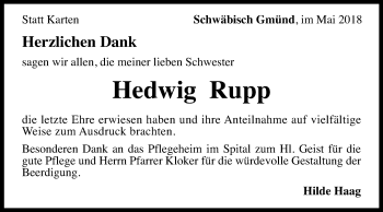 Traueranzeige von Hedwig Rupp von Gmünder Tagespost