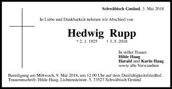 Traueranzeige von Hedwig Rupp von Gmünder Tagespost