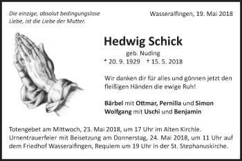 Traueranzeige von Hedwig Schick von Schwäbische Post