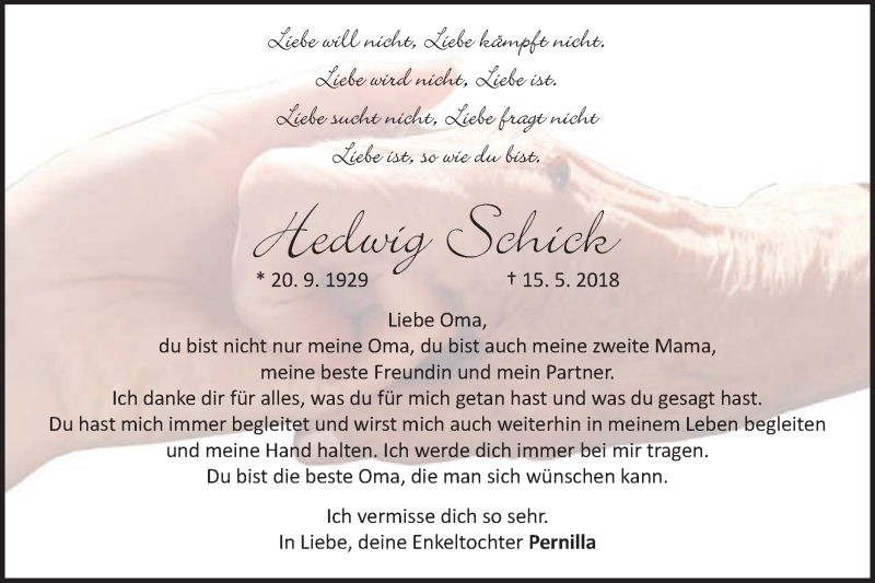 Traueranzeige für Hedwig Schick vom 19.05.2018 aus Schwäbische Post