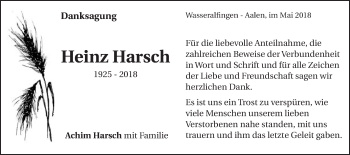 Traueranzeige von Heinz Harsch von Schwäbische Post