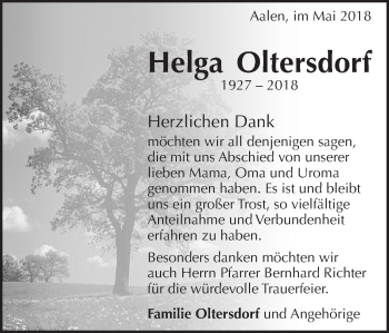 Traueranzeige von Helga Oltersdorf von Schwäbische Post