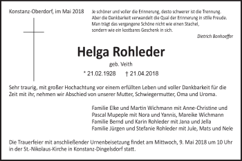 Traueranzeige von Helga Rohleder von Gmünder Tagespost