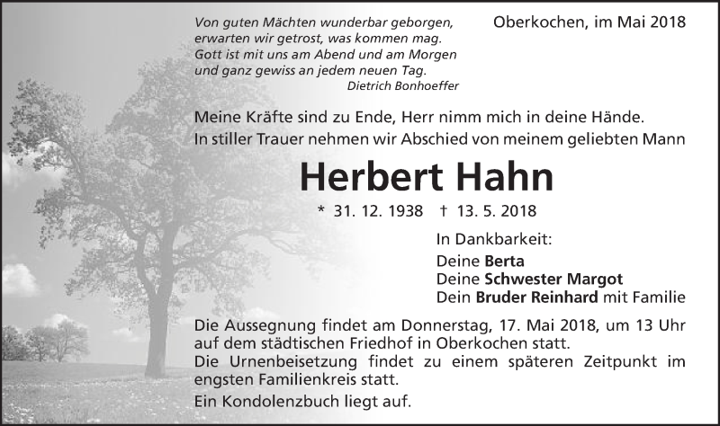  Traueranzeige für Herbert Hahn vom 15.05.2018 aus Schwäbische Post