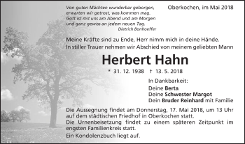 Traueranzeige von Herbert Hahn von Schwäbische Post