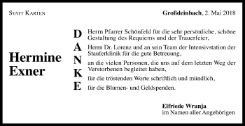 Traueranzeige von Hermine Exner von Gmünder Tagespost