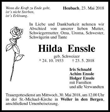Traueranzeige von Hilda Enssle von Gmünder Tagespost