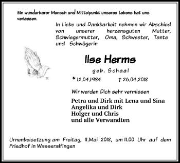 Traueranzeige von Ilse Herms von Schwäbische Post