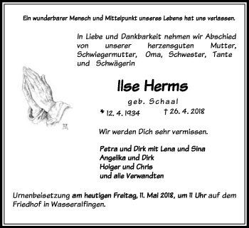 Traueranzeige von Ilse Herms von Schwäbische Post
