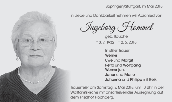 Traueranzeige von Ingeborg Hommel von Schwäbische Post