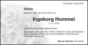Traueranzeige von Ingeborg Hommel von Bopfinger Stadtanzeiger