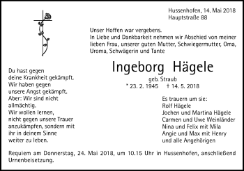 Traueranzeige von Ingeborg Hägele von Gmünder Tagespost