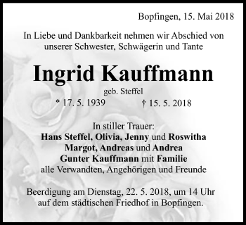 Traueranzeige von Ingrid Kauffmann von Schwäbische Post