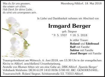 Traueranzeige von Irmgard Berger von Gmünder Tagespost