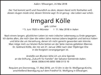 Traueranzeige von Irmgard Kölle von Schwäbische Post