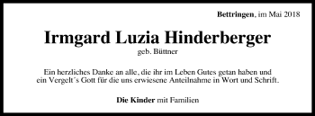 Traueranzeige von Irmgard Luzia Hinderberger von Gmünder Tagespost