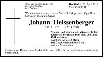 Traueranzeige von Johann Heissenberger von Gmünder Tagespost