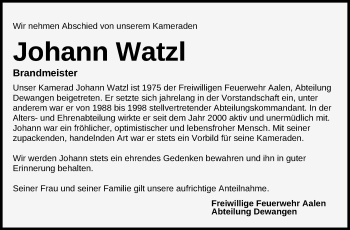 Traueranzeige von Johann Watzl von Schwäbische Post