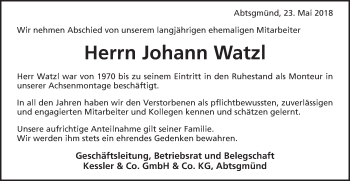 Traueranzeige von Johann Watzl von Schwäbische Post