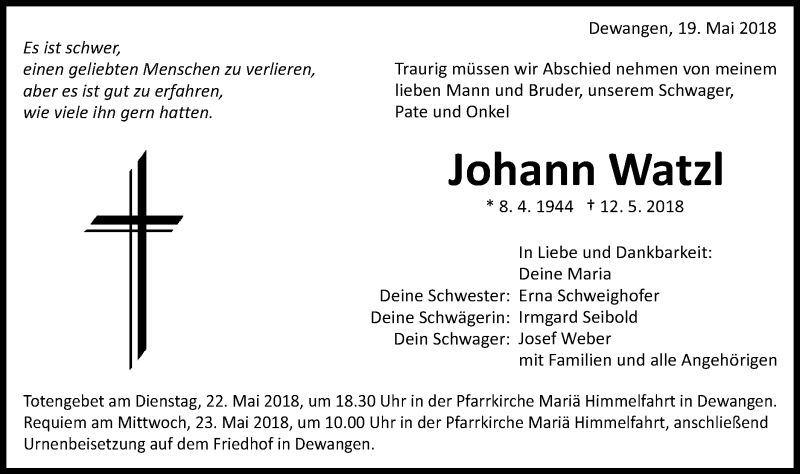  Traueranzeige für Johann Watzl vom 19.05.2018 aus Schwäbische Post