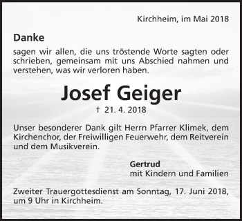 Traueranzeige von Josef Geiger von Schwäbische Post