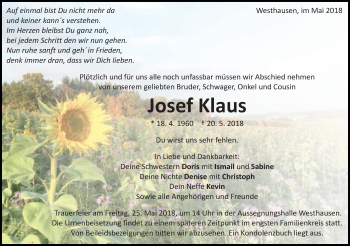 Traueranzeige von Josef Klaus von Schwäbische Post