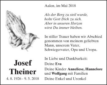 Traueranzeige von Josef Theiner von Schwäbische Post