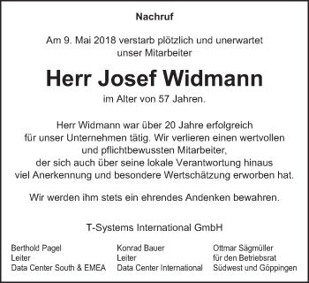 Traueranzeige von Josef Widmann von Gmünder Tagespost