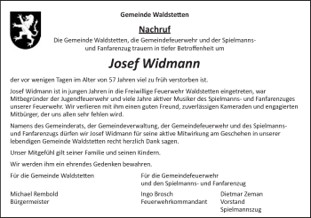Traueranzeige von Josef Widmann von Gmünder Tagespost