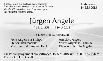 Traueranzeige von Jürgen Angele von Gmünder Tagespost