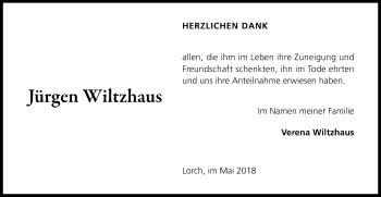 Traueranzeige von Jürgen Wiltzhaus von Gmünder Tagespost
