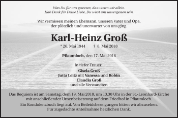 Traueranzeige von Karl-Heinz Groß von Schwäbische Post
