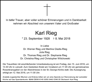 Traueranzeige von Karl Rieg von Gmünder Tagespost