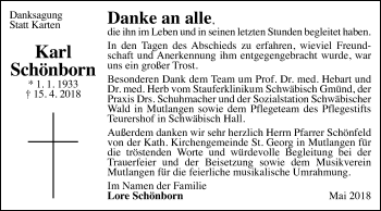 Traueranzeige von Karl Schönborn von Gmünder Tagespost