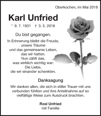 Traueranzeige von Karl Unfried von Amtsblatt_Oko