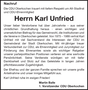Traueranzeige von Karl Unfried von Amtsblatt_Oko