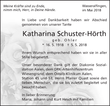 Traueranzeige von Katharina Schuster-Hörth von Schwäbische Post