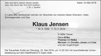 Traueranzeige von Klaus Jensen von Schwäbische Post