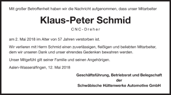 Traueranzeige von Klaus-Peter Schmid von Schwäbische Post
