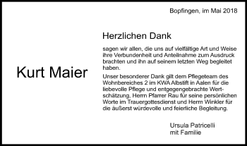 Traueranzeige von Kurt Maier von Schwäbische Post