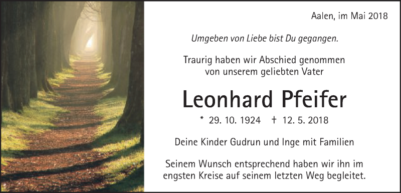  Traueranzeige für Leonhard Pfeifer vom 29.05.2018 aus Schwäbische Post