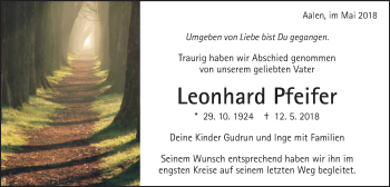 Traueranzeige von Leonhard Pfeifer von Schwäbische Post