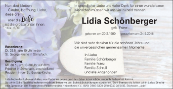 Traueranzeige von Lidia Schönberger von Schwäbische Post