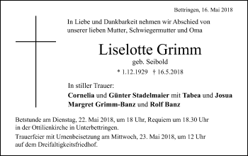 Traueranzeige von Liselotte Grimm von Gmünder Tagespost
