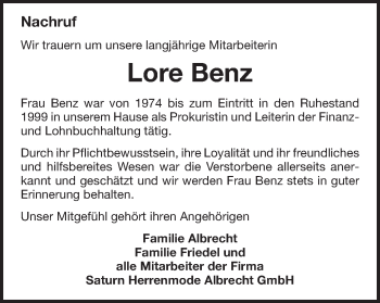 Traueranzeige von Lore Benz von Schwäbische Post